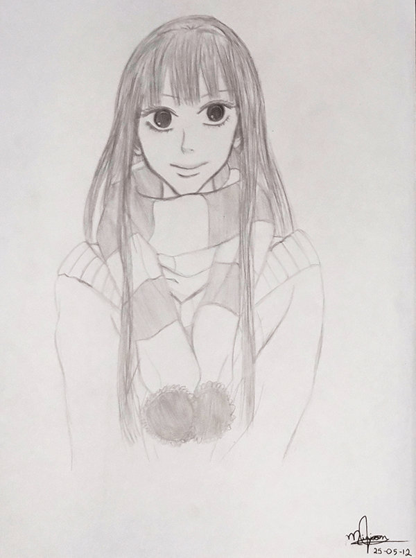 Pencil drawing of a girl in a scarf